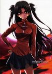  black_hair fate/hollow_ataraxia fate/stay_night fate_(series) fumio_(ura_fmo) hair_ribbon highres long_hair long_sleeves red_eyes ribbon scan skirt solo toosaka_rin turtleneck two_side_up 