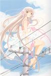  babydoll bangs barefoot bloomers brown_eyes camisole chii chobits clamp cloud day from_below from_side full_body hair_tubes highres long_hair on_top_of_pole outdoors pink_ribbon pole power_lines ribbon robot_ears scan see-through sitting sky smile solo strap_slip telephone_pole underwear very_long_hair wind 