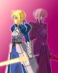  armor armored_dress artoria_pendragon_(all) blonde_hair dark_excalibur dress dual_persona excalibur fate/stay_night fate_(series) g-tetsu glowing glowing_sword glowing_weapon invisible_air long_sleeves multiple_girls saber saber_alter sword weapon 
