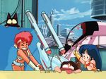  2girls 80s character_request chibi city cloud crossover dark_skin day dirty_pair dokite_tsukasa kei_(dirty_pair) mughi multiple_girls nanmo oldschool parody science_fiction space_craft star_trek uss_enterprise yuri_(dirty_pair) 