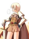  1girl blonde_hair breastplate knight_(ragnarok_online) looking_away ragnarok_online short_hair solo spoken_ellipsis sword umekichi weapon 