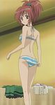  adjusting_clothes adjusting_swimsuit aoi_nagisa back bikini brown_eyes brown_hair highres looking_back screencap solo strawberry_panic! striped striped_bikini swimsuit 