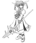  boots bow fingerless_gloves full_body gloves greyscale left-handed long_skirt long_sleeves looking_at_viewer lyrical_nanoha magazine_(weapon) magical_girl mahou_shoujo_lyrical_nanoha mahou_shoujo_lyrical_nanoha_a's monochrome polearm raising_heart short_hair simple_background skirt smile solo standing takamachi_nanoha twintails weapon zero_point 