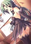  angel_mort ass black_dress detached_sleeves dress frilled_legwear frills green_eyes green_hair hair_ribbon half_updo higurashi_no_naku_koro_ni long_hair looking_back panties ponytail ribbon short_dress solo sonozaki_shion strapless thighhighs tomose_shunsaku underwear waitress 