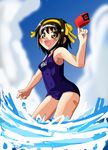  :d armband armband_removed bandaid bandaid_on_leg blush_stickers brown_hair cloud day fang from_side hairband looking_at_viewer momoda_yasuhito name_tag one-piece_swimsuit open_mouth school_swimsuit short_hair sky smile solo suzumiya_haruhi suzumiya_haruhi_no_yuuutsu swimsuit wading watanabe_akio_(style) water yellow_eyes 