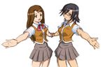  artist_request black_hair blue_eyes brown_hair brown_skirt cowboy_shot fuuka_academy_uniform glasses harada_chie holding_hands long_hair looking_at_viewer looking_over_eyewear multiple_girls my-hime outstretched_arm pleated_skirt red_eyes red_ribbon ribbon school_uniform senou_aoi short_hair short_sleeves simple_background sketch skirt standing upper_body vest white_background 