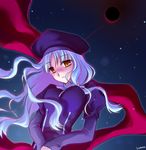  artist_request brown_eyes cape caren_hortensia closed_mouth dress expressionless fate/hollow_ataraxia fate/stay_night fate_(series) hands_together hat layered_sleeves long_hair long_sleeves looking_at_viewer night night_sky purple_dress shroud_of_magdalene silver_hair sky solo star_(sky) starry_sky upper_body v_arms 