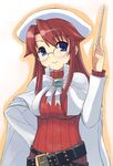  aty_(summon_night) belt beret blue_eyes breasts brooch cape gem glasses hat jewelry large_breasts long_sleeves loose_belt otoutogimi red_hair ribbed_sweater solo summon_night summon_night_3 sweater 