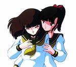  80s bangs black_eyes black_hair blunt_bangs blush bow breast_grab breasts closed_eyes cream_lemon escalation flat_chest grabbing groping hair_bow hug hug_from_behind imminent_kiss long_hair long_sleeves multiple_girls oldschool open_mouth ponytail school_uniform serafuku simple_background small_breasts yuri 