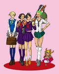  artist_request cosplay genderswap genderswap_(mtf) hair_over_one_eye long_sleeves luffyko multiple_girls one_piece roronoa_zoro sanji school_uniform skirt sword tony_tony_chopper usopp weapon 