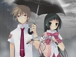  1girl bicycle black_hair brown_hair glasses ground_vehicle itou_noiji long_hair loose_necktie nanatsuiro_drops necktie pushing_bicycle rain school_uniform shared_umbrella tsuwabuki_masaharu umbrella yaeno_nadeshiko 