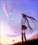  black_legwear bow brown_hair cloud copyright_request evening floating_hair grass hair_bow long_hair looking_up road_sign school_uniform shirt short_sleeves sign skirt sky solo standing sunlight sunset thighhighs twilight twintails ueda_ryou white_shirt wind zettai_ryouiki 