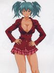  ahoge aqua_eyes aqua_hair bangs blazer breasts buttons cleavage closed_mouth collarbone cowboy_shot earrings hair_between_eyes hair_tie hands_on_hips hasegawa_shin'ya hips ikkitousen jacket jewelry light_smile long_sleeves looking_at_viewer magatama magatama_earrings medium_breasts miniskirt no_bra official_art pink_skirt pleated_skirt pocket red_jacket ryofu_housen scan scan_artifacts school_uniform shiny shiny_hair shiny_skin short_hair short_twintails simple_background single_earring skirt smile solo standing tan twintails white_background 