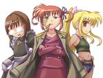  artist_request balalaika_(black_lagoon) balalaika_(black_lagoon)_(cosplay) belt black_lagoon blonde_hair brown_hair cigar cosplay crossed_arms fate_testarossa formal glasses jacket jacket_on_shoulders jewelry long_sleeves lyrical_nanoha mahou_shoujo_lyrical_nanoha mahou_shoujo_lyrical_nanoha_a's maid midriff multiple_girls parody pencil_skirt pendant purple_eyes red_eyes revy_(black_lagoon) revy_(black_lagoon)_(cosplay) ribbon roberta_(black_lagoon) roberta_(black_lagoon)_(cosplay) short_shorts shorts simple_background skirt skirt_suit smoking suit takamachi_nanoha twintails white_background white_devil yagami_hayate 