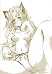  animal_ears blush bow bow_panties cat_ears copyright_request lace lace-trimmed_panties lying monochrome navel on_back open_clothes open_shirt panties shirt solo spread_legs underwear yokoyama_naoki 