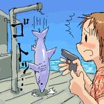  blush far_cry gun handgun holding holding_gun holding_weapon kikai_(akita_morgue) lowres oekaki pier pistol shark water weapon what 