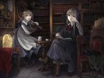  black_cat blonde_hair blue_eyes book book_stack bookshelf boots braid cat chair copyright_request crossed_legs dark elf glasses indoors library long_hair long_sleeves multiple_girls open_book pointy_ears reading realistic red_eyes room simosi single_braid sitting table tripping 