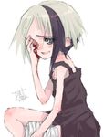  amputee artist_request bandages bare_shoulders bikko black_hair blood blood_on_face blue_eyes dress grey_hair multicolored_hair one-eyed original scar short_dress short_hair sitting solo two-tone_hair 