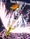  :d ahoge bow bowtie brooch brown_hair energy_wings engrish feathers fingerless_gloves gloves hits holding holding_weapon jewelry long_sleeves looking_at_viewer lyrical_nanoha magazine_(weapon) magic_circle magical_girl mahou_shoujo_lyrical_nanoha mahou_shoujo_lyrical_nanoha_a's open_mouth polearm purple_eyes raising_heart ranguage red_bow robe short_hair short_twintails smile solo spear takamachi_nanoha takase_shin'ya twintails weapon wings 