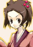  &gt;:) beige_background brown_eyes brown_hair closed_mouth fuu hair_ornament hair_stick japanese_clothes kimono long_sleeves looking_at_viewer lowres mole mole_under_eye murata_mine outline red_kimono samurai_champloo short_hair simple_background sketch smile solo upper_body v-shaped_eyebrows 