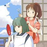  1girl androgynous artist_request bangs bird blunt_bangs blush bob_cut child couple cutting_hair hakama haku_(sen_to_chihiro_no_kamikakushi) hetero japanese_clothes long_sleeves lowres ogino_chihiro ponytail sen_to_chihiro_no_kamikakushi 