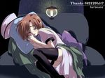  beret brown_hair closed_eyes fujitaka_(akasora) hat higurashi_no_naku_koro_ni hits lantern ryuuguu_rena sleeping solo thighhighs 