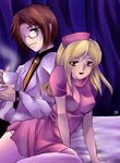  1girl :p artist_request black_pants blonde_hair breasts brown_hair cup curtains doctor glasses green_hair hat higurashi_no_naku_koro_ni irie_kyousuke large_breasts long_hair long_sleeves looking_at_viewer necktie nurse nurse_cap open_mouth pants red_eyes takano_miyo thighhighs tongue tongue_out 