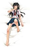  barefoot black_eyes black_hair blush chikugen_shiina feet futami_eriko kibina_high_school_uniform kimi_kiss leg_lift long_hair lying miniskirt neckerchief on_back panties pantyshot pantyshot_(lying) pleated_skirt school_uniform serafuku skirt solo underwear white_panties 