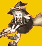  :o animal animal_ears blonde_hair bow broom broom_riding cat cat_ears dress ears_through_headwear green_eyes hat long_hair murata_mine open_mouth original ribbon shoes solo surprised tears witch witch_hat yellow_background 