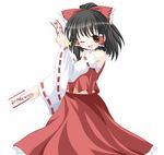  artist_request black_hair bow detached_sleeves dress hair_tubes hakurei_reimu long_sleeves ofuda one_eye_closed red_dress ribbon short_hair simple_background smile solo touhou white_background 