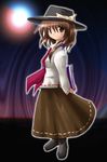  artist_request behind_back book boots bow brown_eyes brown_hair brown_skirt fedora full_body hat hat_bow holding holding_book long_sleeves necktie red_neckwear ribbon_trim shirt skirt smile solo standing touhou usami_renko white_shirt 