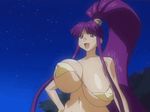  animated animated_gif bouncing_breasts breasts covered_nipples eiken gigantic_breasts hand_on_hip impossible_clothes long_hair lowres misono_kirika navel open_mouth ponytail purple_hair screencap solo twintails unaligned_breasts very_long_hair what 