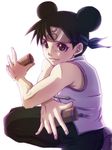  artist_request bare_shoulders belt_pouch black_hair blush buttons cowboy_shot headband holding leg_up lowres naruto naruto_(series) pocket pose pouch shirt simple_background sleeveless sleeveless_shirt smile solo tenten tube white_background 