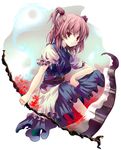  adapted_object blue_dress coin dress elbows_on_knees flower hair_bobbles hair_ornament hitodama onozuka_komachi pink_hair puffy_short_sleeves puffy_sleeves red_eyes scythe short_hair short_sleeves sitting solo spider_lily touhou two_side_up weapon yamamoto_nori 