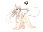  albino all_fours animal_ears barefoot bug butterfly cat_ears copyright_request insect long_hair no_panties nude open_clothes open_shirt red_eyes satomi shirt solo tail towel white_hair 