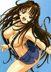  :d amano_yoki bangs bare_shoulders breasts brown_hair cleavage covered_nipples denim denim_shorts fang fingernails green_eyes hair_intakes jpeg_artifacts large_breasts long_fingernails long_hair naked_suspenders open_fly open_mouth parted_bangs shiny shiny_hair short_shorts shorts sideboob simple_background smile solo standing suspenders topless unzipped very_long_hair 