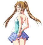  ass back blush brown_hair copyright_request covering covering_ass from_behind green_eyes halterneck lace lace-trimmed_panties long_hair looking_back nekoshiki panties pantyshot pantyshot_(standing) pink_panties skirt skirt_tug solo standing thigh_gap twintails underwear 