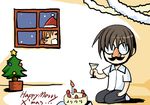  1girl artist_request brown_hair cake candle christmas christmas_tree fake_facial_hair fake_mustache food funny_glasses glass glasses higurashi_no_naku_koro_ni indoors maebara_keiichi peeking room ryuuguu_rena santa_costume seiza sitting tinsel window 