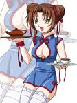  aru_ra_une blue_dress breasts brown_eyes brown_hair bulge china_dress chinese_clothes cleavage cleavage_cutout cross cross_earrings double_bun dress earrings eclair_(kiddy_grade) jewelry kiddy_grade medium_breasts panties pantyshot pantyshot_(standing) short_dress solo standing tea thighhighs underwear waitress white_legwear white_panties zoom_layer 