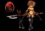  armor arrow bikini_armor bow_(weapon) brown_hair gloves halberd midriff navel nomahee original polearm red_eyes short_hair slit_pupils solo thighhighs weapon 