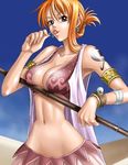 armpits breasts brown_eyes candy cleavage clima-tact earrings food gypsy jewelry kagami_hirotaka large_breasts log_pose lollipop nami_(one_piece) one_piece orange_hair revealing_clothes solo tattoo 
