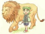  :d animal arms_at_sides azuma_kiyohiko bangs beige_background blue_shorts child eyebrows_visible_through_hair green_eyes green_hair highres holding_leash jacket koiwai_yotsuba leash lion long_sleeves open_mouth quad_tails red_footwear shoes shorts simple_background smile walking yotsubato! 