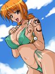  :d alternate_hairstyle bangle bangs bikini bikini_tan bracelet breasts brown_eyes cleavage cloud covered_nipples cowboy_shot day from_side green_bikini groin hand_on_own_chest highleg highleg_bikini highleg_swimsuit index_finger_raised jewelry kagami_hirotaka large_breasts log_pose looking_at_viewer looking_back nami_(one_piece) navel one_piece open_mouth orange_hair outdoors scrunchie short_hair short_twintails side-tie_bikini sketch sky smile solo standing strap_pull swimsuit tan tanline tattoo thong_bikini twintails 