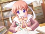  artist_request blush book book_stack bookshelf brown_hair buttons canvas_2 dutch_angle hagino_kana hair_ribbon library long_sleeves open_book pen purple_eyes ribbon school_uniform serious short_hair sitting solo upper_body writing 