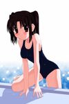  black_school_swimsuit blush drain_(object) kannagi_youko looking_at_viewer one-piece_swimsuit pool poolside school_swimsuit solo sparkle swimsuit tokino twintails ukagaka wet 