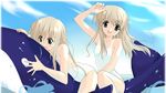  beach blonde_hair casual_one-piece_swimsuit day dolphin futakoi inflatable_toy inflatable_whale lowres multiple_girls one-piece_swimsuit sasaki_mutsumi shirogane_sara shirogane_souju siblings sisters swimsuit twins 