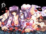  :o barefoot black_background blush breast_grab breasts brown_eyes brown_hair butt_crack carnelian cleavage collarbone detached_sleeves flower full_body glasses grabbing green_eyes half-closed_eyes hanging_breasts harukawa_tomomi kao_no_nai_tsuki kuraki_suzuna large_breasts long_hair long_sleeves lying multiple_girls on_back on_person parted_lips petals purple_hair rose rose_petals simple_background very_long_hair 