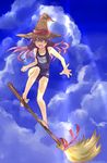  broom broom_riding broom_surfing cloud copyright_request day hat oira_(kagaribi) one-piece_swimsuit pink_hair school_swimsuit sky solo swimsuit witch_hat yellow_eyes 