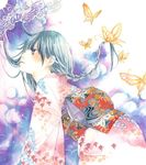  braid bug butterfly insect japanese_clothes kimono long_sleeves original single_braid solo traditional_media watercolor_(medium) yuufuushi 