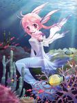  animal bare_shoulders caustics copyright_request coral detached_sleeves dress fish floating_hair from_side head_fins long_sleeves looking_at_viewer mermaid monster_girl nishiwaki_yuuri pink_eyes pink_hair short_hair sidelocks sitting skinny smile solo underwater wide_sleeves 